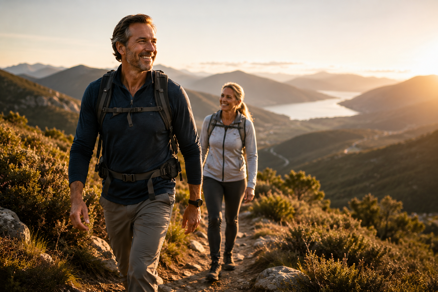 Couple hiking in mountains after recovery treatment